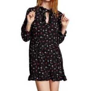 Zara Basic Black Floral Tie Neck Long Sleeve Ruffled Mini Dress